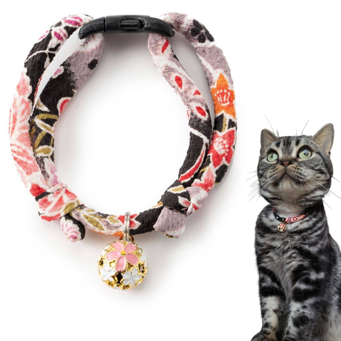 Chirimen Sakura Cat Collar (Black)