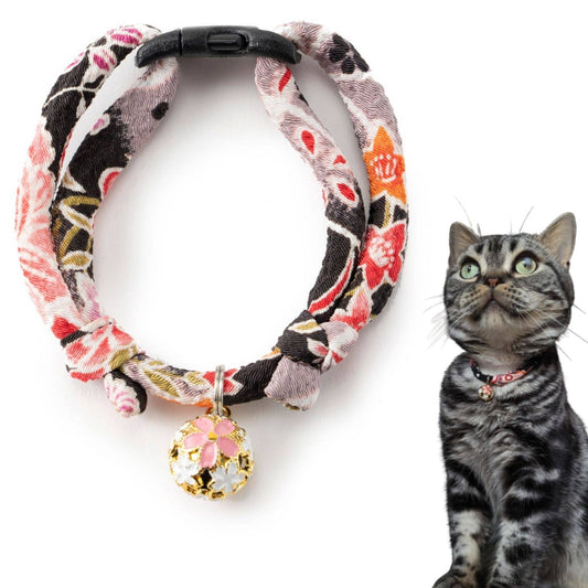 Chirimen Sakura Cat Collar (Black)